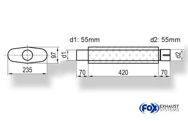 Uni-Schalldämpfer oval mit Stutzen - Abwicklung 558 235x97mm, d1Ø 55mm  d2Ø 55,5mm, Länge: 420mm