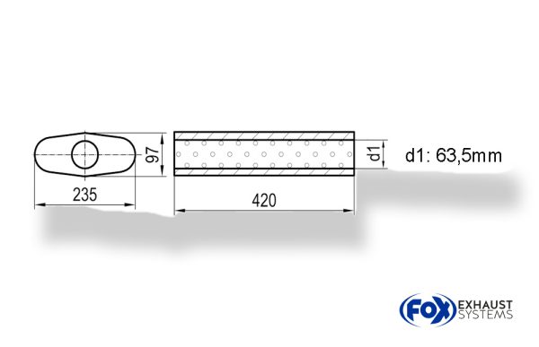 Uni-Schalldämpfer oval ohne Stutzen - Abwicklung 558 235x97mm, d1Ø 63,5mm, Länge: 420mm