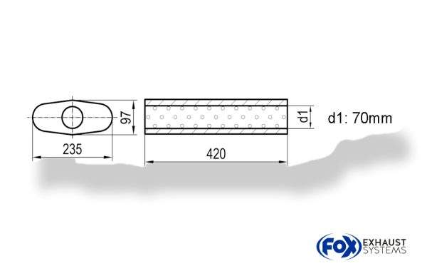 Uni-Schalldämpfer oval ohne Stutzen - Abwicklung 558 235x97mm, d1Ø 70mm, Länge: 420mm
