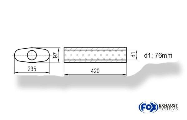 Uni-Schalldämpfer oval ohne Stutzen - Abwicklung 558 235x97mm, d1Ø 76mm, Länge: 420mm