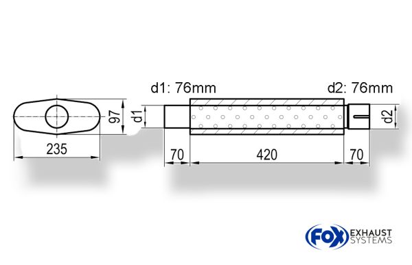 Uni-Schalldämpfer oval mit Stutzen - Abwicklung 558 235x97mm, d1Ø 76mm  d2Ø 76,5mm, Länge: 420mm