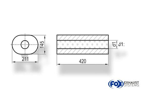 Uni-Schalldämpfer oval ohne Stutzen - Abwicklung 585 211x145mm, d1Ø 101mm, Länge: 420mm