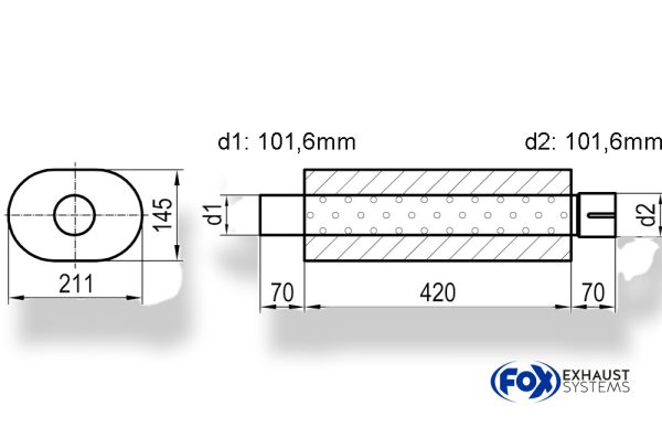 Uni-Schalldämpfer oval mit Stutzen - Abwicklung 585 211x145mm, d1Ø 101 mm außen - d2Ø 101mm innen - Länge: 420mm