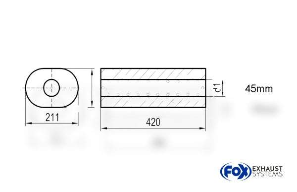 Uni-Schalldämpfer oval ohne Stutzen - Abwicklung 585 211x145mm, d1Ø 45mm, Länge: 420mm