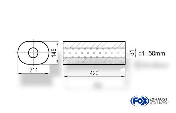 Uni-Schalldämpfer oval ohne Stutzen - Abwicklung 585 211x145mm, d1Ø 50mm, Länge: 420mm