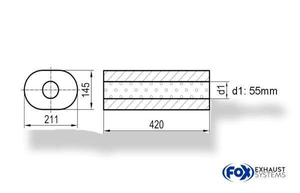Uni-Schalldämpfer oval ohne Stutzen - Abwicklung 585 211x145mm, d1Ø 55mm, Länge: 420mm