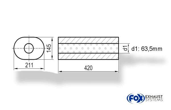 Uni-Schalldämpfer oval ohne Stutzen - Abwicklung 585 211x145mm, d1Ø 63,5mm, Länge: 420mm