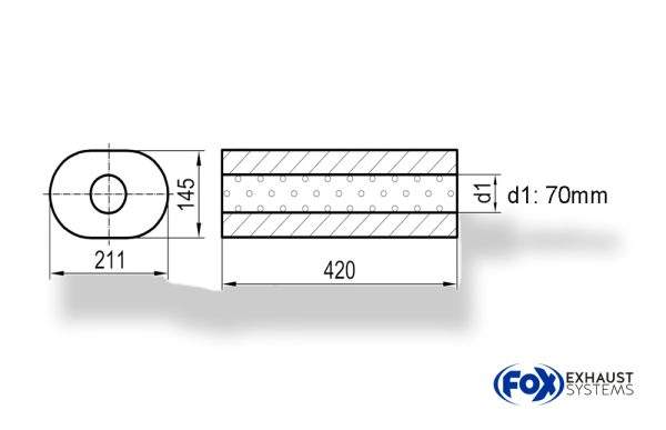 Uni-Schalldämpfer oval ohne Stutzen - Abwicklung 585 211x145mm, d1Ø 70mm, Länge: 420mm