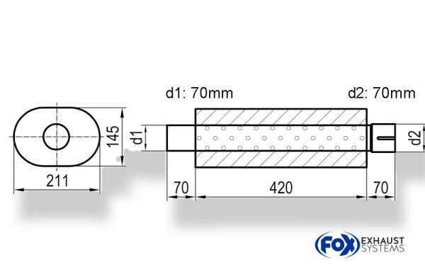 Uni-Schalldämpfer oval mit Stutzen - Abwicklung 585 211x145mm, d1Ø 70mm  d2Ø 70,5mm, Länge: 420mm