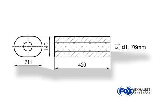 Uni-Schalldämpfer oval ohne Stutzen - Abwicklung 585 211x145mm, d1Ø 76mm, Länge: 420mm