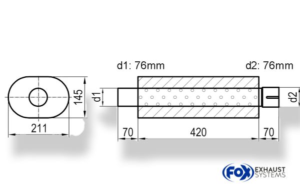 Uni-Schalldämpfer oval mit Stutzen - Abwicklung 585 211x145mm, d1Ø 76mm  d2Ø 76,5mm, Länge: 420mm