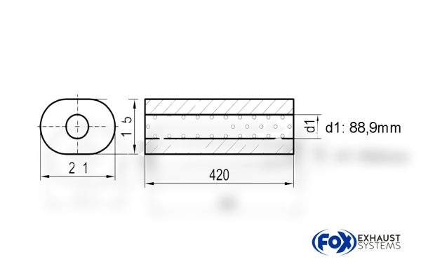 Uni-Schalldämpfer oval ohne Stutzen - Abwicklung 585 211x145mm, d1Ø 88,9mm außen Länge: 420mm