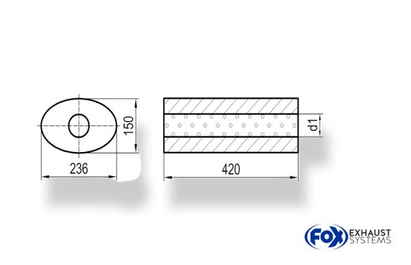 Uni-Schalldämpfer oval ohne Stutzen - Abwicklung 618 236x150mm, d1Ø 101mm außen, Länge: 420mm