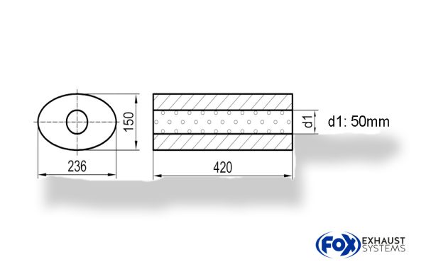 Uni-Schalldämpfer oval ohne Stutzen - Abwicklung 618 236x150mm, d1Ø 50mm, Länge: 420mm