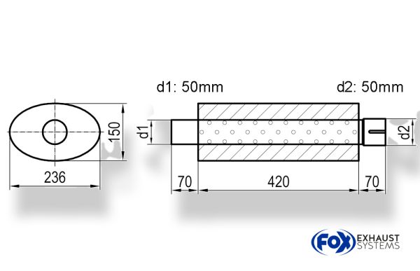 Uni-Schalldämpfer oval mit Stutzen - Abwicklung 618 236x150mm, d1Ø 50mm  d2Ø 50,5mm, Länge: 420mm