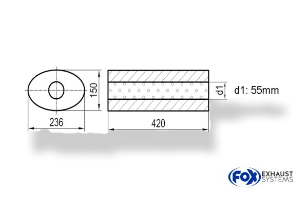 Uni-Schalldämpfer oval ohne Stutzen - Abwicklung 618 236x150mm, d1Ø 55mm, Länge: 420mm