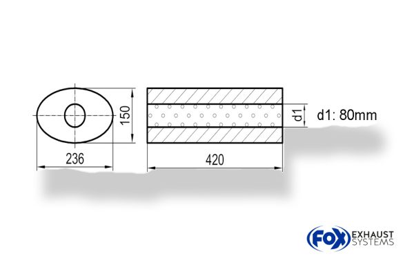 Uni-Schalldämpfer oval ohne Stutzen - Abwicklung 618 236x150mm, d1Ø 80mm außen, Länge: 420mm