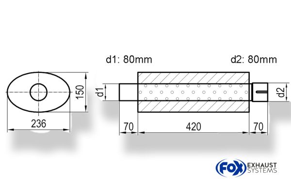 Uni-Schalldämpfer oval mit Stutzen - Abwicklung 618 236x150mm, d1Ø 80mm außen, Länge: 420mm