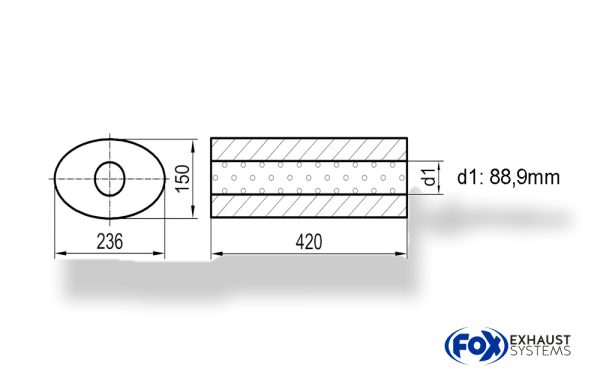 Uni-Schalldämpfer oval ohne Stutzen - Abwicklung 618 236x150mm, d1Ø 88,9mm außen, Länge: 420mm