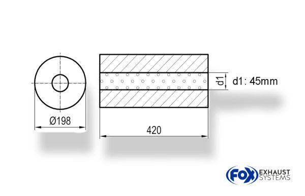 Uni-Schalldämpfer rund ohne Stutzen - Abwicklung 626 Ø 198mm, d1Ø 45mm, Länge: 420mm -Ø 198mm