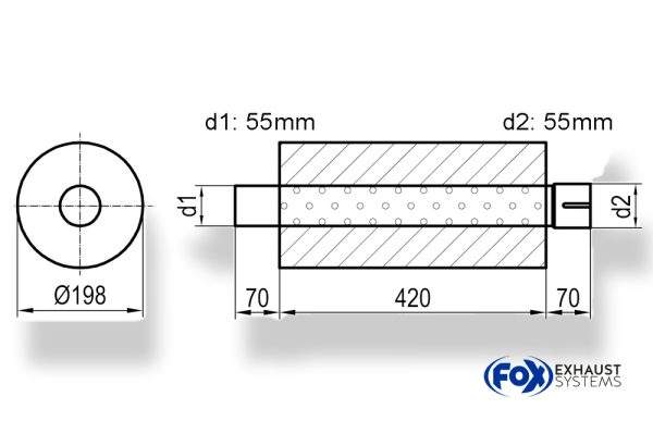 Uni-Schalldämpfer rund mit Stutzen - Abwicklung 626 Ø 198mm, d1Ø 55mm d2Ø 55,5mm, Länge: 420mm