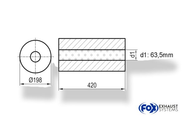 Uni-Schalldämpfer rund ohne Stutzen - Abwicklung 626 Ø 198mm, d1Ø 63,5mm, Länge: 420mm -Ø 198mm