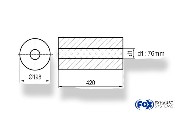 Uni-Schalldämpfer rund ohne Stutzen - Abwicklung 626 Ø 198mm, d1Ø 76mm, Länge: 420mm -Ø 198mm