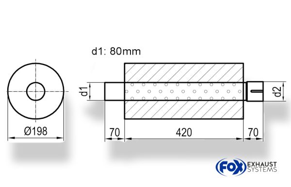 Uni-Schalldämpfer rund mit Stutzen - Abwicklung 626 Ø 198mm, d1Ø 80mm  d2Ø 80,5mm, Länge: 420mm