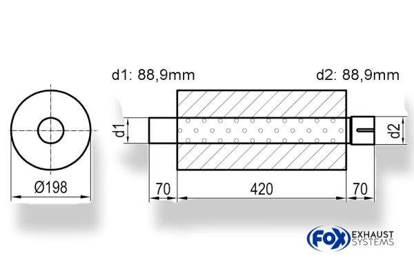 Uni-Schalldämpfer rund mit Stutzen - Abwicklung 626 Ø 198mm, d1Ø 88,9mm d2Ø 88,9mm, Länge: 420mm