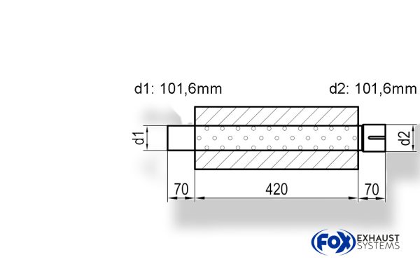 Uni-Schalldämpfer Trapezoid mit Stutzen - Abwicklung 644 220x161mm, d1Ø 101,6mm  d2Ø 101,6mm, Länge: 420mm