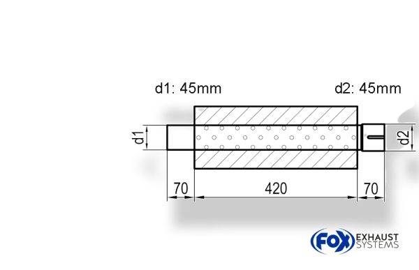 Uni-Schalldämpfer Trapezoid mit Stutzen - Abwicklung 644 220x161mm, d1Ø 45mm  d2Ø 45,5mm, Länge: 420mm