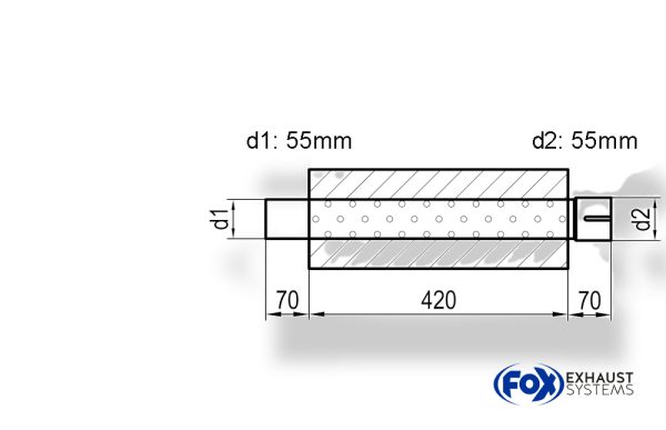 Uni-Schalldämpfer Trapezoid mit Stutzen - Abwicklung 644 220x161mm, d1Ø 55mm  d2Ø 55,5mm, Länge: 420mm