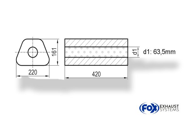 Uni-Schalldämpfer Trapezoid ohne Stutzen - Abwicklung 644 220x161mm, d1Ø 63,5mm, Länge: 420mm