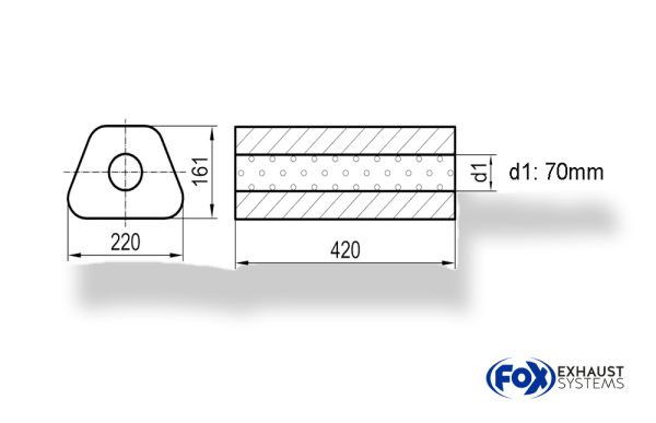 Uni-Schalldämpfer Trapezoid ohne Stutzen - Abwicklung 644 220x161mm, d1Ø 70mm, Länge: 420mm