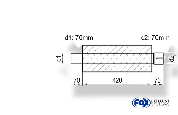 Uni-Schalldämpfer Trapezoid mit Stutzen - Abwicklung 644 220x161mm, d1Ø 70mm  d2Ø 70,5mm, Länge: 420mm