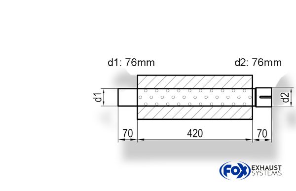 Uni-Schalldämpfer Trapezoid mit Stutzen - Abwicklung 644 220x161mm, d1Ø 76mm  d2Ø 76,5mm, Länge: 420mm