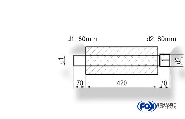 Uni-Schalldämpfer Trapezoid mit Stutzen - Abwicklung 644 220x161mm, d1Ø 80mm  d2Ø 80mm, Länge: 420mm