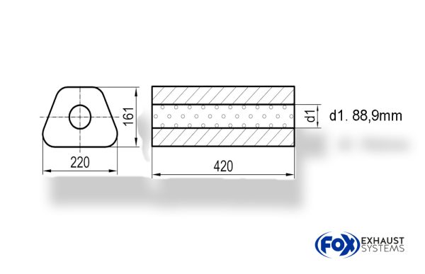 Uni-Schalldämpfer Trapezoid ohne Stutzen - Abwicklung 644 220x161mm, d1Ø 88,9mm, Länge: 420mm