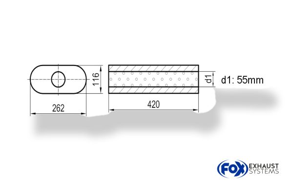 Uni-Schalldämpfer oval ohne Stutzen - Abwicklung 650 262x116mm, d1Ø 55mm, Länge: 420mm