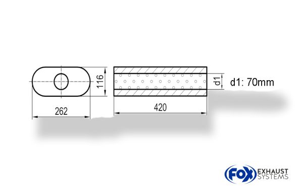 Uni-Schalldämpfer oval ohne Stutzen - Abwicklung 650 262x116mm, d1Ø 70mm, Länge: 420mm