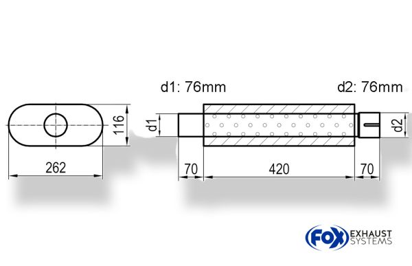 Uni-Schalldämpfer oval mit Stutzen - Abwicklung 650 262x116mm, d1Ø 76mm  d2Ø 76,5mm, Länge: 420mm