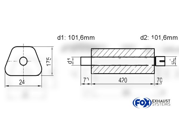 Uni-Schalldämpfer Trapezoid mit Stutzen - Abwicklung 711 245x175mm, d1Ø 101,6mm außen - d2Ø 101,6mm innen - Länge: 420mm