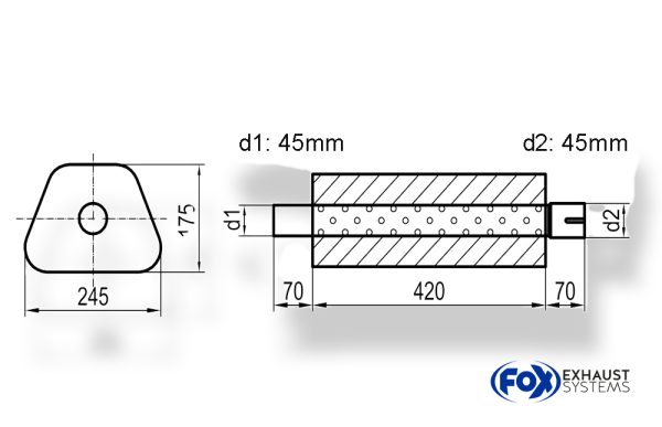 Uni-Schalldämpfer Trapezoid mit Stutzen - Abwicklung 711 245x175mm, d1Ø 45mm außen - d2Ø 45mm innen - Länge: 420mm