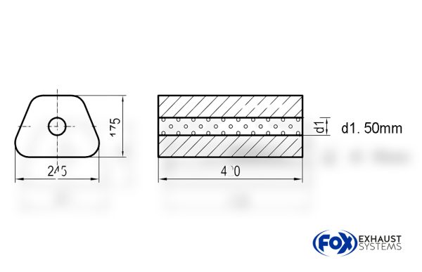 Uni-Schalldämpfer Trapezoid ohne Stutzen - Abwicklung 711 245x175mm, d1Ø 50mm innen - Länge: 420mm