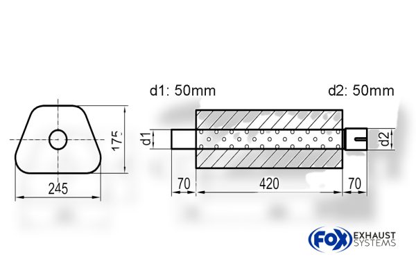 Uni-Schalldämpfer Trapezoid mit Stutzen - Abwicklung 711 245x175mm, d1Ø 50mm außen - d2Ø 50mm innen - Länge: 420mm