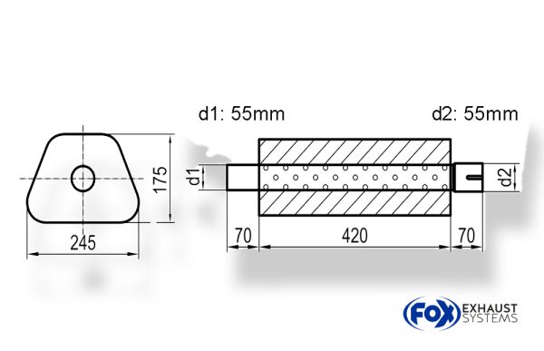 Uni-Schalldämpfer Trapezoid mit Stutzen - Abwicklung 711 245x175mm, d1Ø 55mm außen - d2Ø 55mm innen - Länge: 420mm