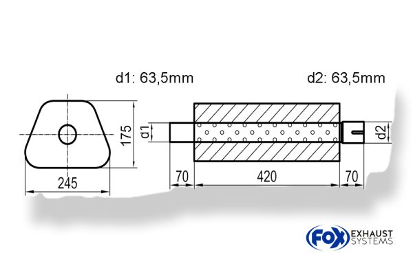 Uni-Schalldämpfer Trapezoid mit Stutzen - Abwicklung 711 245x175mm, d1Ø 63,5mm außen - d2Ø 63,5mm innen - Länge: 420mm