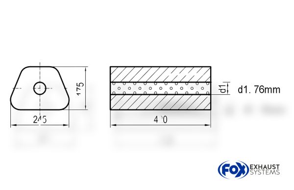 Uni-Schalldämpfer Trapezoid ohne Stutzen - Abwicklung 711 245x175mm, d1Ø 76mm außen - Länge: 420mm