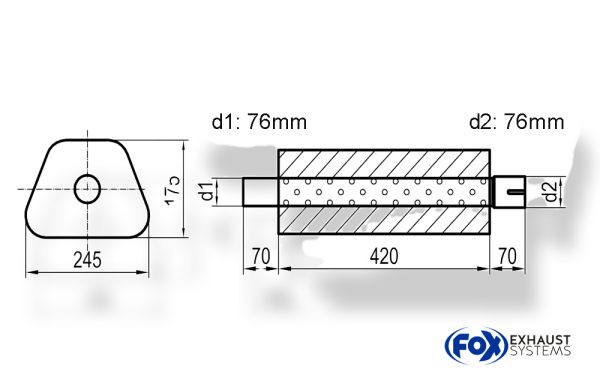 Uni-Schalldämpfer Trapezoid mit Stutzen - Abwicklung 711 245x175mm, d1Ø 76mm außen - d2Ø 76mm innen - Länge: 420mm