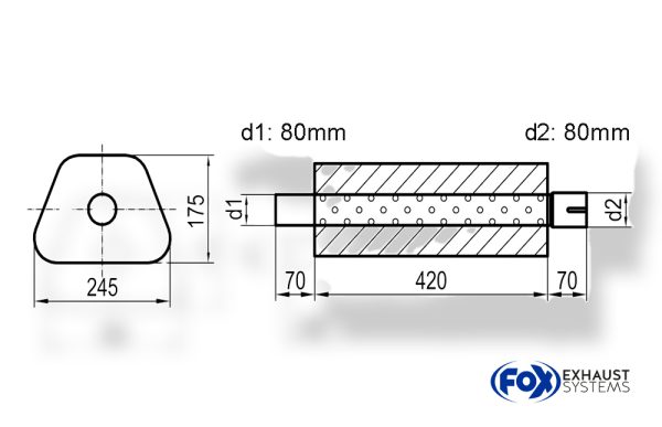 Uni-Schalldämpfer Trapezoid mit Stutzen - Abwicklung 711 245x175mm, d1Ø 80mm außen - d2Ø 80mm innen - Länge: 420mm